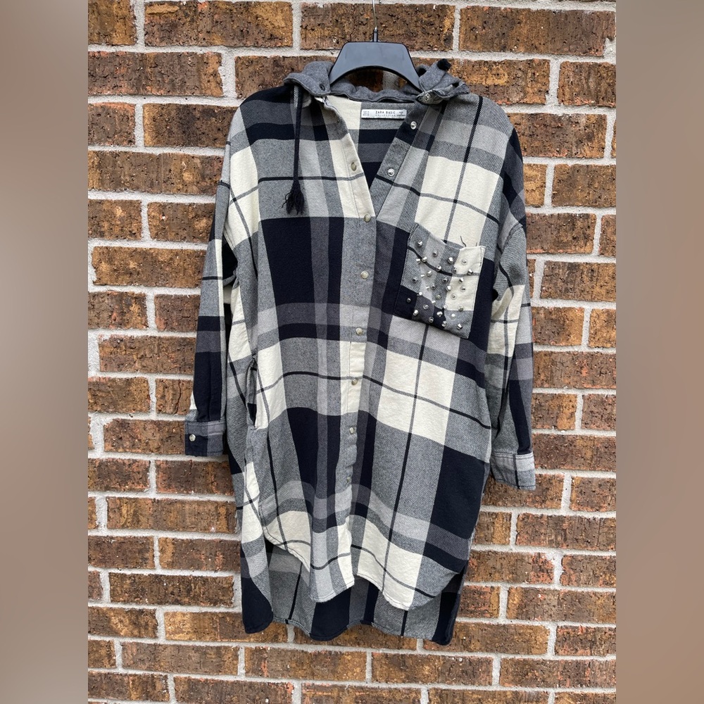 Zara Basic Shirt Dress Button Down Studded Pocket Hoodie Oversized Sz M Grunge